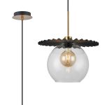 Lori 1.7m Single Pendant, 1 Light Adjustable E27, Antique Gold/Black/Clear Pleated Disc With Open Mouth Round Globe Shades