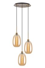 Lori 40cm Round Pendant, 3 Light Adjustable E27, Antique Gold/Amber Slim Curved Trapezium Shades