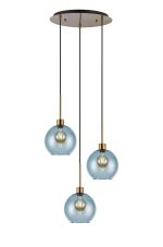 (KOOMS) Lori 40cm Round Pendant, 3 Light Adjustable E27, Antique Gold/Blue Open Mouth Round Globe Shades