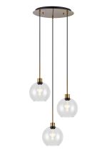 (KOOMS) Lori 40cm Round Pendant, 3 Light Adjustable E27, Antique Gold/Clear Open Mouth Round Globe Shades