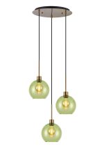 (KOOMS) Lori 40cm Round Pendant, 3 Light Adjustable E27, Antique Gold/Green Open Mouth Round Globe Shades