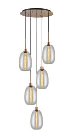 Lori 45cm Round Pendant, 5 Light Adjustable E27, Antique Gold/Iridescent Slim Curved Trapezium Shades