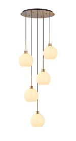 (KOOMS) Lori 45cm Round Pendant, 5 Light Adjustable E27, Antique Gold/Opal Open Mouth Round Globe Shades