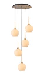 Lori 45cm Round Pendant, 5 Light Adjustable E27, Antique Gold/Opal Wine Shades