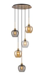 Lori 45cm Round Pendant, 5 Light Adjustable E27, Antique Gold/Amber/Clear/Smoke Wine Shades