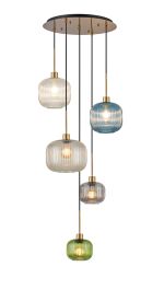 Lori 51cm Round Pendant, 5 Light Adjustable E27, Antique Gold/Green/Petrol Blue/Champagne/Clear/Smoked Pumpkin Ribbed Shades