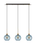 (KOOMS) Lori Linear Pendant, 3 Light Adjustable E27, Antique Gold/Blue Open Mouth Round Globe Shades