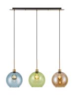(KOOMS) Lori Linear Pendant, 3 Light Adjustable E27, Antique Gold/Blue/Green/Amber Open Mouth Round Globe Shades