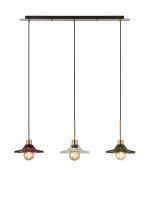 Lori Linear Pendant, 3 Light Adjustable E27, Antique Gold/Moss Green/Clear/Purple Pleated Disc Shades