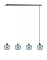 (KOOMS) Lori Linear Pendant, 4 Light Adjustable E27, Antique Gold/Blue Open Mouth Round Globe Shades