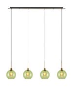 (KOOMS) Lori Linear Pendant, 4 Light Adjustable E27, Antique Gold/Green Open Mouth Round Globe Shades
