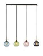 (KOOMS) Lori Linear Pendant, 4 Light Adjustable E27, Antique Gold/Blue/Green/Pink/Smoke Open Mouth Round Globe Shades