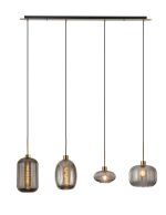Lori Linear Pendant, 4 Light Adjustable E27, Antique Gold/Smoke Various Ribbed Shades