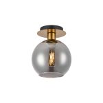 Lori 15cm Round Ceiling Flush, 1 Light Flush Fitting E27, Antique Gold/Smoke Open Mouth Round Globe Shades