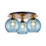 (KOOMS) Lori 40cm Round Ceiling Flush, 3 Light Flush Fitting, Antique Gold/Blue Open Mouth Round Globe Shades