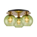 (KOOMS) Lori 40cm Round Ceiling Flush, 3 Light Flush Fitting, Antique Gold/Green Open Mouth Round Globe Shades