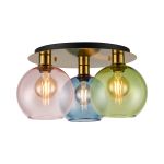 (KOOMS) Lori 40cm Round Ceiling Flush, 3 Light Flush Fitting, Antique Gold/Blue/Green/Pink Open Mouth Round Globe Shades