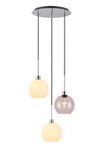 Lori 40cm Round Pendant, 3 Light Adjustable E27, Polished Chrome/Opal/Pink Open Mouth Round Globe Shades