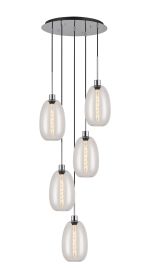 Lori 45cm Round Pendant, 5 Light Adjustable E27, Polished Chrome/Clear Slim Curved Trapezium Shades