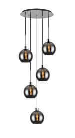 Lori 45cm Round Pendant, 5 Light Adjustable E27, Polished Chrome/Chrome Open Mouth Round Globe Shades