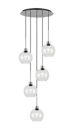 Lori 45cm Round Pendant, 5 Light Adjustable E27, Polished Chrome/Clear Open Mouth Round Globe Shades