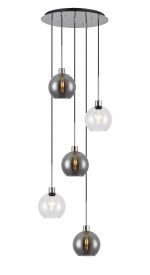 Lori 45cm Round Pendant, 5 Light Adjustable E27, Polished Chrome/Clear/Smoke Open Mouth Round Globe Shades