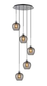 Lori 45cm Round Pendant, 5 Light Adjustable E27, Polished Chrome/Smoke Wine Shades