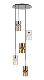 (KOOMS) Lori 45cm Round Pendant, 5 Light Adjustable E27, Polished Chrome/Cognac/Chrome/Clear/Copper/Gold Twisted Cylinder Shades