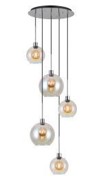 (KOOMS) Lori 45cm Round Pendant, 5 Light Adjustable E27, Polished Chrome/Iridescent/Iridescent Open Mouth Round Globe Shades