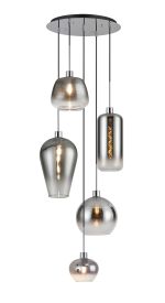 Lori 93cm Round Pendant, 5 Light Adjustable E27, Polished Chrome/Smoke Fade With Mixed Shades