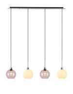 Lori Linear Pendant, 4 Light Adjustable E27, Polished Chrome/Opal/Pink Open Mouth Round Globe Shades