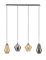Lori Linear Pendant, 4 Light Adjustable E27, Polished Chrome/Amber/Chrome Diamond Kite Shades