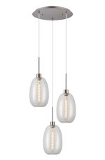 Lori 40cm Round Pendant, 3 Light Adjustable E27, Satin Nickel/Clear Slim Curved Trapezium Shades