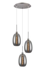 (KOOMS) Lori 40cm Round Pendant, 3 Light Adjustable E27, Satin Nickel/Smoke Slim Curved Trapezium Shades
