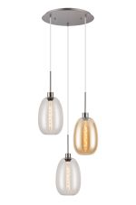 Lori 40cm Round Pendant, 3 Light Adjustable E27, Satin Nickel/Clear/Amber Slim Curved Trapezium Shades