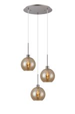 Lori 40cm Round Pendant, 3 Light Adjustable E27, Satin Nickel/Amber Open Mouth Round Globe Shades