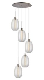 Lori 45cm Round Pendant, 5 Light Adjustable E27, Satin Nickel/Clear Slim Curved Trapezium Shades