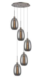(KOOMS) Lori 45cm Round Pendant, 5 Light Adjustable E27, Satin Nickel/Smoke Slim Curved Trapezium Shades
