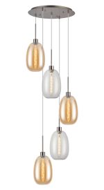 Lori 45cm Round Pendant, 5 Light Adjustable E27, Satin Nickel/Clear/Amber Slim Curved Trapezium Shades