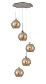 Lori 45cm Round Pendant, 5 Light Adjustable E27, Satin Nickel/Amber Open Mouth Round Globe Shades