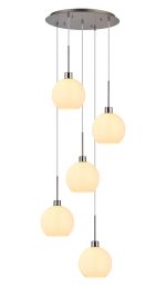 Lori 45cm Round Pendant, 5 Light Adjustable E27, Satin Nickel/Opal Open Mouth Round Globe Shades
