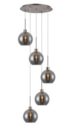 Lori 45cm Round Pendant, 5 Light Adjustable E27, Satin Nickel/Smoke Open Mouth Round Globe Shades