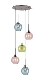 (KOOMS) Lori 45cm Round Pendant, 5 Light Adjustable E27, Satin Nickel/Blue/Green/Pink Open Mouth Round Globe Shades
