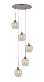 Lori 45cm Round Pendant, 5 Light Adjustable E27, Satin Nickel/Clear Wine Shades