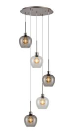 Lori 45cm Round Pendant, 5 Light Adjustable E27, Satin Nickel/Clear/Smoke Wine Shades