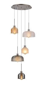 Lori 49.5cm Round Pendant, 5 Light Adjustable E27, Satin Nickel/Amber/Clear/Frosted/Smoke Blue/Smoke Prismatic Dome Shades
