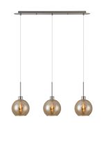 Lori Linear Pendant, 3 Light Adjustable E27, Satin Nickel/Amber Open Mouth Round Globe Shades