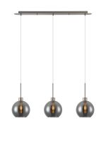 Lori Linear Pendant, 3 Light Adjustable E27, Satin Nickel/Smoke Open Mouth Round Globe Shades
