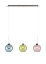 (KOOMS) Lori Linear Pendant, 3 Light Adjustable E27, Satin Nickel/Blue/Green/Pink Open Mouth Round Globe Shades