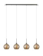 Lori Linear Pendant, 4 Light Adjustable E27, Satin Nickel/Amber Open Mouth Round Globe Shades